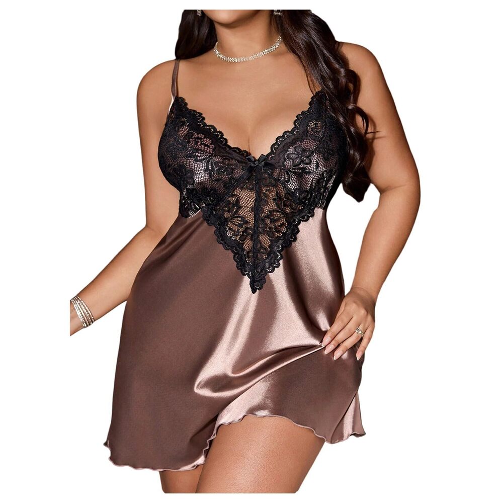 2919 Plus Size Satin Nightgowns Lace Sleeveless Chemise Pajama Dress Mini